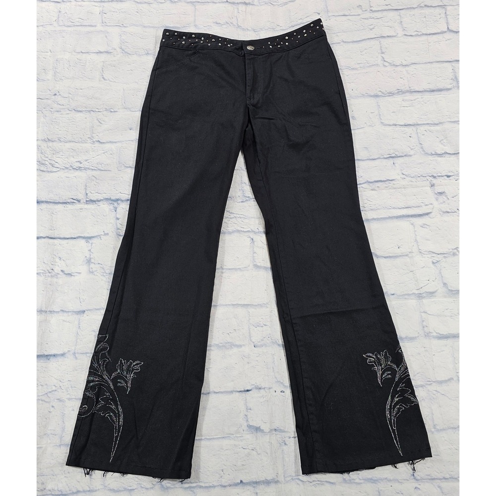 Harley Davidson Pants Womens 28X27 Black Studded Floral Flare Biker Moto VTG Y2K
